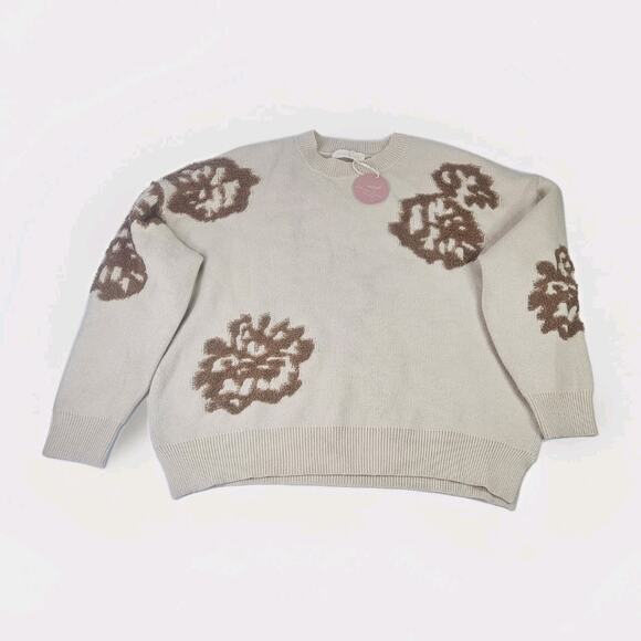NWT Intarsia Floral Knitted Oversized Sweater Large Cream Brown Flowers - Picture 1 of 8